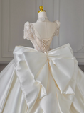 French Retro Satin Beaded Short Sleeve Bow Floor-Length Wedding Dress HZ1022