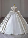 French Retro Satin Beaded Short Sleeve Bow Floor-Length Wedding Dress HZ1022
