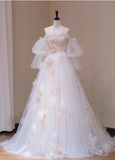 Elegant White Off-the-shoulder Tulle 3D Flower Floor-length Wedding Dress HZ1022