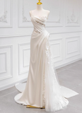 Chic and Elegant White Strapless Satin Lace Mermaid Light Wedding Dress HZ1022