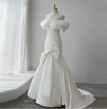 French simple white off-shoulder mermaid satin small train wedding dress HZ1022