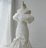 French simple white off-shoulder mermaid satin small train wedding dress HZ1022