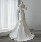 French simple white off-shoulder mermaid satin small train wedding dress HZ1022