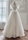 Flowing Floor-Length White V-Neck Short Sleeve Tulle A-Line Wedding Dress HZ1022