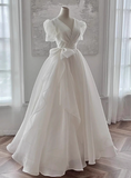 Flowing Floor-Length White V-Neck Short Sleeve Tulle A-Line Wedding Dress HZ1022