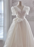 Flowing Floor-Length White V-Neck Short Sleeve Tulle A-Line Wedding Dress HZ1022