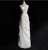 French style white one-shoulder sleeveless floor-length wedding dress HZ1022
