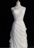 French style white one-shoulder sleeveless floor-length wedding dress HZ1022
