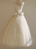 Simple White Strapless Tulle Bowknot A-Line Tea Length Wedding Dress HZ1022