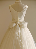 Simple White Strapless Tulle Bowknot A-Line Tea Length Wedding Dress HZ1022
