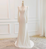 Simple and Elegant Long Sleeve V-Neck Satin Mermaid Floor-Length Wedding Dress HZ1022