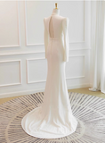 Simple and Elegant Long Sleeve V-Neck Satin Mermaid Floor-Length Wedding Dress HZ1022