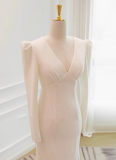Simple and Elegant Long Sleeve V-Neck Satin Mermaid Floor-Length Wedding Dress HZ1022