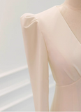 Simple and Elegant Long Sleeve V-Neck Satin Mermaid Floor-Length Wedding Dress HZ1022