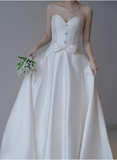 French Strapless Satin Sweetheart Neckline Small Train White Wedding Dress HZ1022