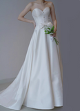 French Strapless Satin Sweetheart Neckline Small Train White Wedding Dress HZ1022