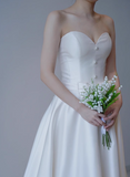 French Strapless Satin Sweetheart Neckline Small Train White Wedding Dress HZ1022