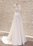 White strapless sleeveless 3D flower A-line small train silk wedding dress HZ1022