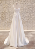 White strapless sleeveless 3D flower A-line small train silk wedding dress HZ1022