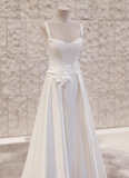 White strapless sleeveless 3D flower A-line small train silk wedding dress HZ1022