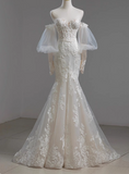 French Lace Strapless Off-shoulder Waisted Fishtail Tulle Wedding Dress with Small Train HZ1022
