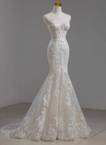 French Lace Strapless Off-shoulder Waisted Fishtail Tulle Wedding Dress with Small Train HZ1022