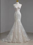 French Lace Strapless Off-shoulder Waisted Fishtail Tulle Wedding Dress with Small Train HZ1022