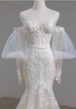French Lace Strapless Off-shoulder Waisted Fishtail Tulle Wedding Dress with Small Train HZ1022