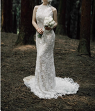 French halterneck retro lace backless white mermaid wedding dress with small train HZ1022