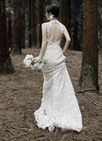 French halterneck retro lace backless white mermaid wedding dress with small train HZ1022