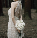French halterneck retro lace backless white mermaid wedding dress with small train HZ1022