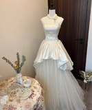French Strapless Satin Tulle A-Line Wedding Dress with Tie-Back HZ1022