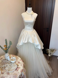 French Strapless Satin Tulle A-Line Wedding Dress with Tie-Back HZ1022