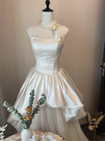 French Strapless Satin Tulle A-Line Wedding Dress with Tie-Back HZ1022