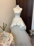 French Strapless Satin Tulle A-Line Wedding Dress with Tie-Back HZ1022