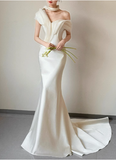 French fishtail white one-shoulder satin wedding dress with small train HZ1022