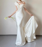 French fishtail white one-shoulder satin wedding dress with small train HZ1022