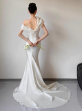 French fishtail white one-shoulder satin wedding dress with small train HZ1022