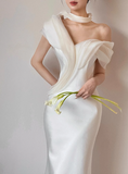 French fishtail white one-shoulder satin wedding dress with small train HZ1022