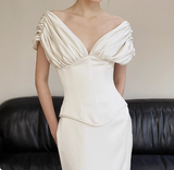 Simple Deep V Neck Satin Waist Bodycon Mermaid Wedding Dress HZ1022