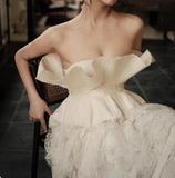 French off-shoulder lace wedding dress with waist HZ1022