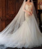 Flowing Sweetheart Neck Lace Tulle Wedding Dress with Train HZ1022
