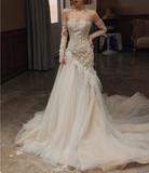 Flowing Sweetheart Neck Lace Tulle Wedding Dress with Train HZ1022