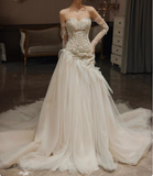 Flowing Sweetheart Neck Lace Tulle Wedding Dress with Train HZ1022
