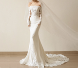 French Simple One Shoulder Long Sleeve Lace Satin Mermaid Wedding Dress HZ1022