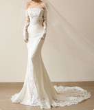 French Simple One Shoulder Long Sleeve Lace Satin Mermaid Wedding Dress HZ1022