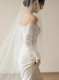 French Simple One Shoulder Long Sleeve Lace Satin Mermaid Wedding Dress HZ1022