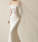 French Simple One Shoulder Long Sleeve Lace Satin Mermaid Wedding Dress HZ1022