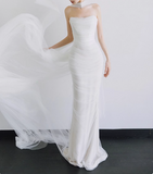 French Strapless Simple Satin White Waisted Fishtail Wedding Dress HZ1022
