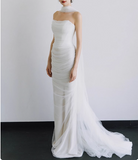 French Strapless Simple Satin White Waisted Fishtail Wedding Dress HZ1022